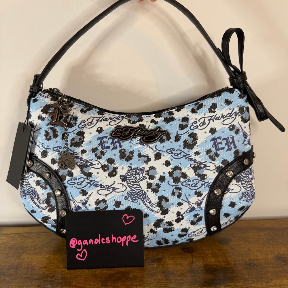 New Ed Hardy Blue Black Leopard Shoulder Handbag Rhinestones Tiger Y2K Gothic